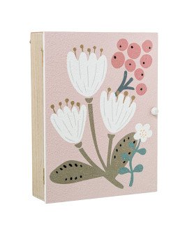 Caja Porta Llaves Madera Deco. Rosa Flores Blancas