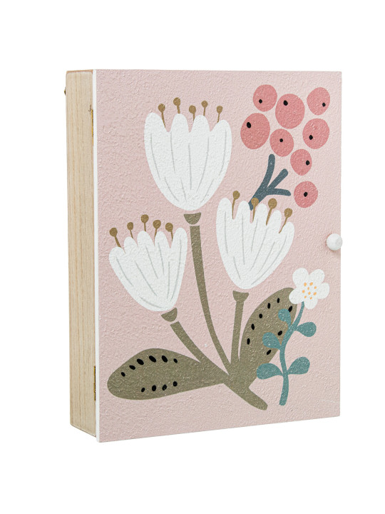 Caja Porta Llaves Madera Deco. Rosa Flores Blancas