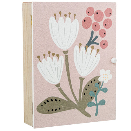 Caja Porta Llaves Madera Deco. Rosa Flores Blancas