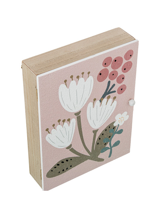 Caja Porta Llaves Madera Deco. Rosa Flores Blancas