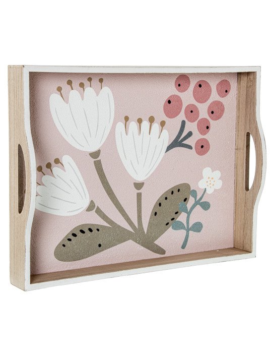 Bandeja Madera Decorada Rosa Flores Blancas
