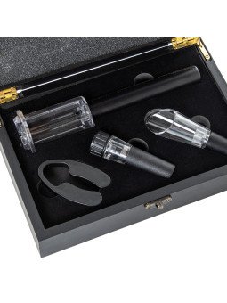 Set 4 Utensilios Vino C/caja Madera Negra, Sacacorchos Aire