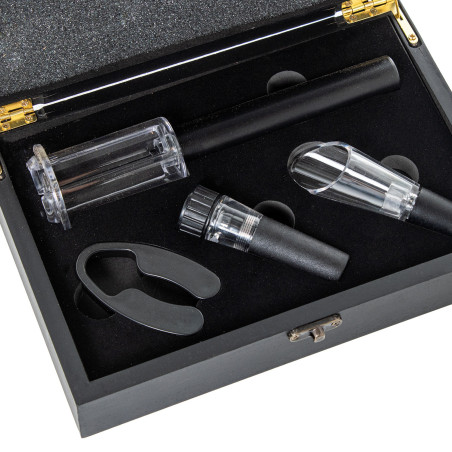 Set 4 Utensilios Vino C/caja Madera Negra, Sacacorchos Aire