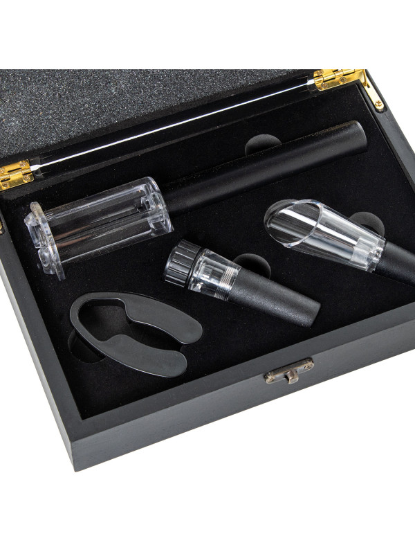 Set 4 Utensilios Vino C/caja Madera Negra, Sacacorchos Aire