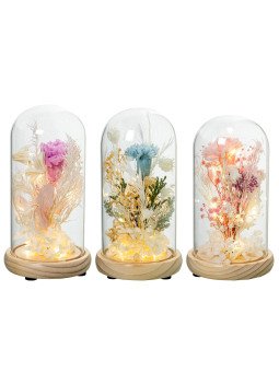 Urna Cristal C/base Madera y Flores Artificiales C/luz Surt.