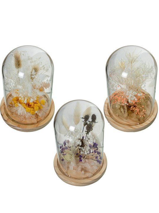 Urna Cristal C/base Madera y Flores Artificiales Surt.