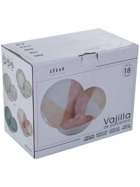 Vajilla 18 Pzs Porcelana Tonos Rosa, Plato Llano:ø27cm