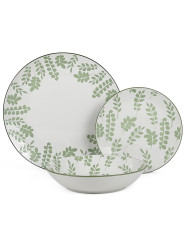 Vajilla 18 Pzs Porcelana Blanco Hojas Verdes,plato Llano:ø27