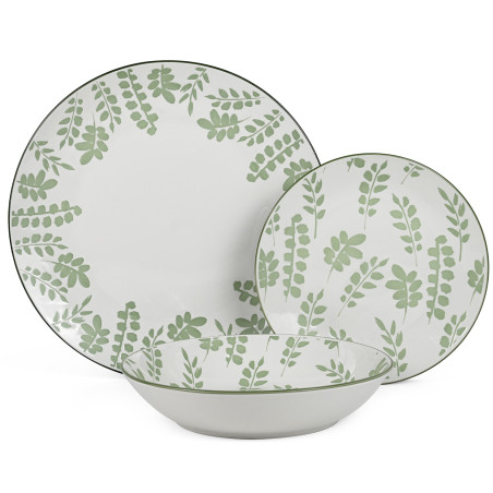 Vajilla 18 Pzs Porcelana Blanco Hojas Verdes,plato Llano:ø27