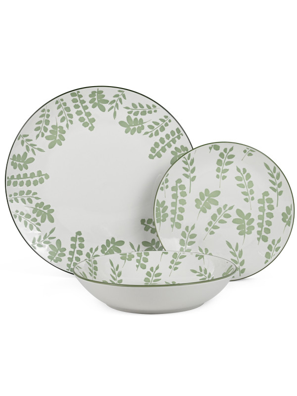 Vajilla 18 Pzs Porcelana Blanco Hojas Verdes,plato Llano:ø27