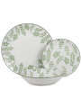 Vajilla 18 Pzs Porcelana Blanco Hojas Verdes,plato Llano:ø27