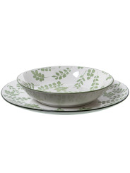 Vajilla 18 Pzs Porcelana Blanco Hojas Verdes,plato Llano:ø27