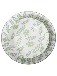 Vajilla 18 Pzs Porcelana Blanco Hojas Verdes,plato Llano:ø27