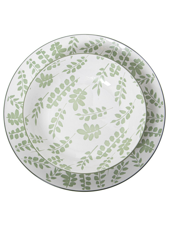 Vajilla 18 Pzs Porcelana Blanco Hojas Verdes,plato Llano:ø27