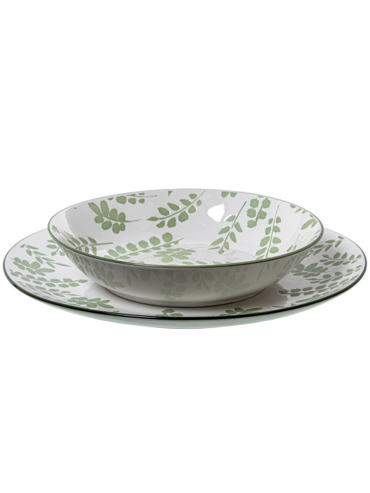 Vajilla 18 Pzs Porcelana Blanco Hojas Verdes,plato Llano:ø27