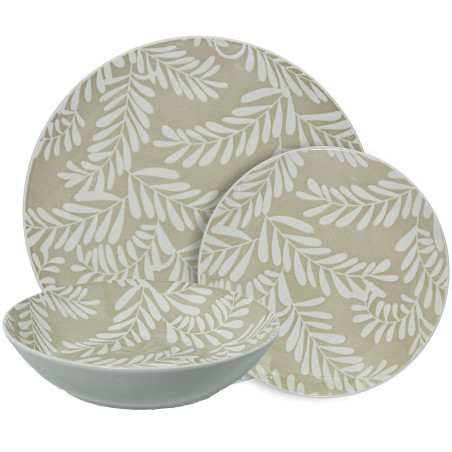 Vajilla 18 Pzs Porcelana Beige Hojas Blancas