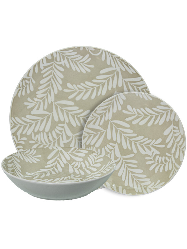 Vajilla 18 Pzs Porcelana Beige Hojas Blancas