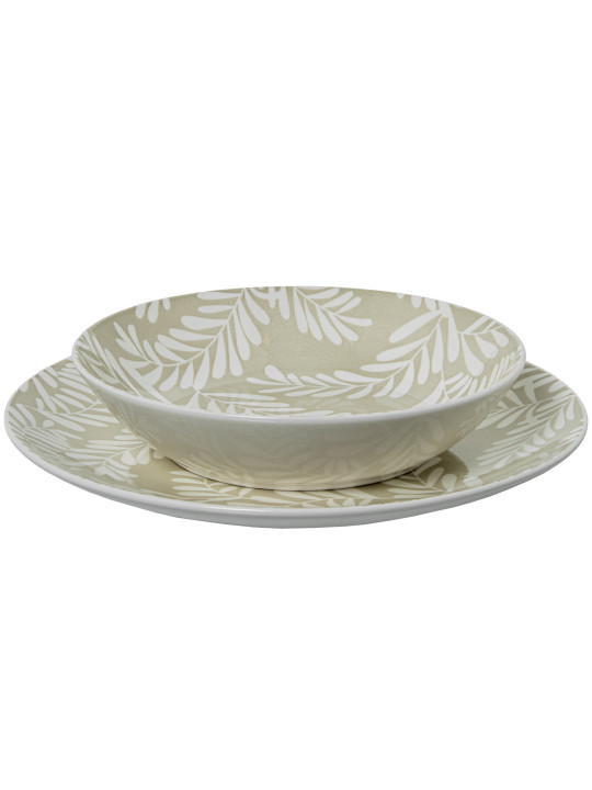 Vajilla 18 Pzs Porcelana Beige Hojas Blancas