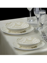 Vajilla 18 Pzs Porcelana Beige Hojas Blancas