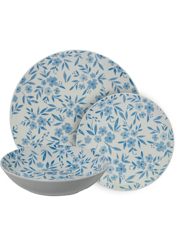 Vajilla 18 Pzs Porcelana Blanco Flores Azules