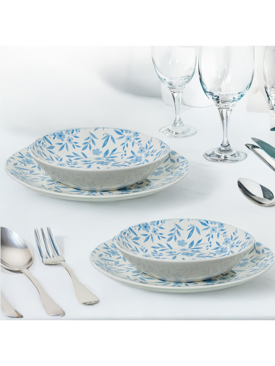 Vajilla 18 Pzs Porcelana Blanco Flores Azules