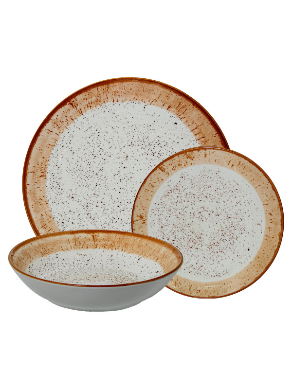 Vajilla 18 Pzs Porcelana Deco. Moteado Borde Marrón