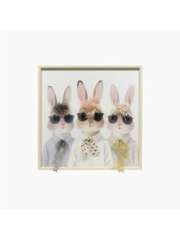 Cuadro marco madera 60x60x3,5cm Conejos  Gafas