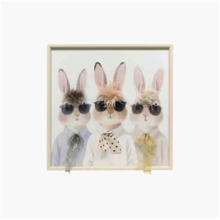 Cuadro marco madera 60x60x3,5cm Conejos  Gafas
