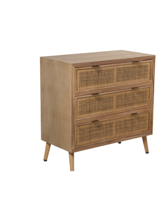 Cómoda Madera C/3 Cajones Ratán Natural, Pino+dm 80x40x80cm, Alt. Patas:16cm