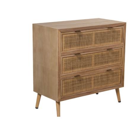 Cómoda Madera C/3 Cajones Ratán Natural, Pino+dm 80x40x80cm, Alt. Patas:16cm