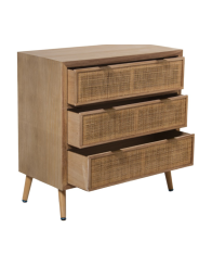 Cómoda Madera C/3 Cajones Ratán Natural, Pino+dm 80x40x80cm, Alt. Patas:16cm