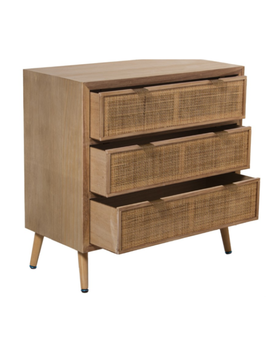 Cómoda Madera C/3 Cajones Ratán Natural, Pino+dm 80x40x80cm, Alt. Patas:16cm