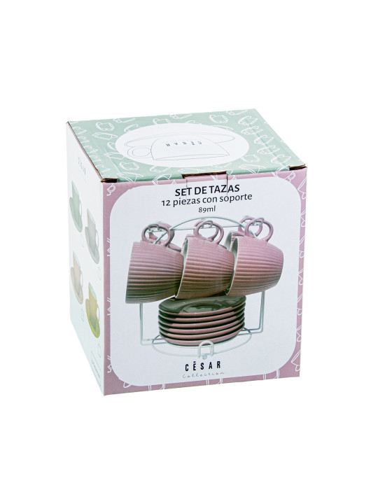 Set 6 Tazas Café C/plato Cerámica Blanca C/soporte Metal Neg