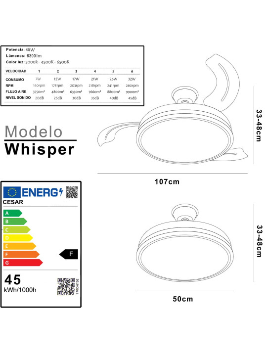 Ventilador Techo C/luz 3 Aspas Retráctiles Gris Whisper