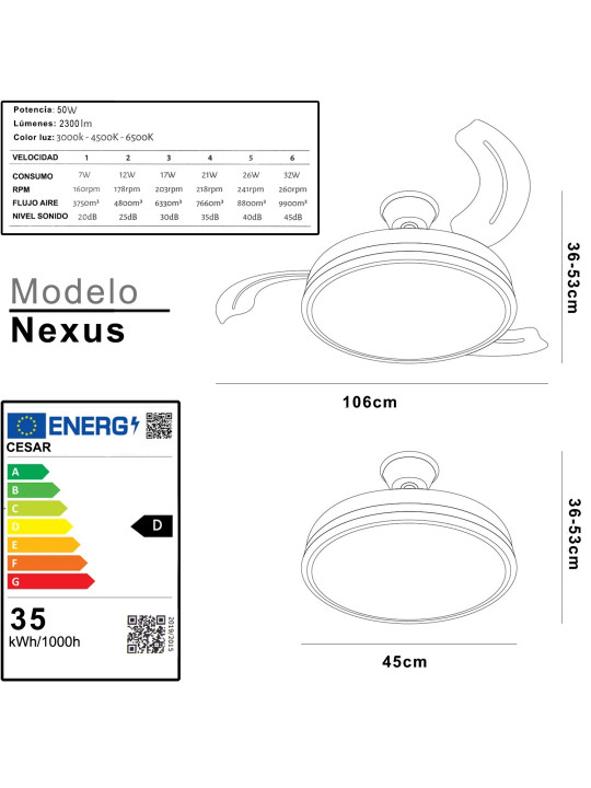 Ventilador Techo C/luz 3 Aspas Retráctiles Cromado Nexus