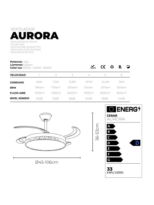 Ventilador Techo C/luz 4 Aspas Retráct. Negro/madera Aurora